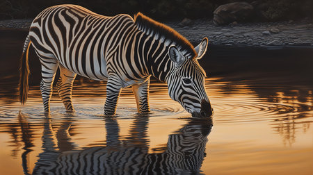 The photorealistic image captures a zebra drinking from a waterhole at sundown. The zebra's stripes reflect in the calm waters, creating a symmetrical masterpiece.の素材