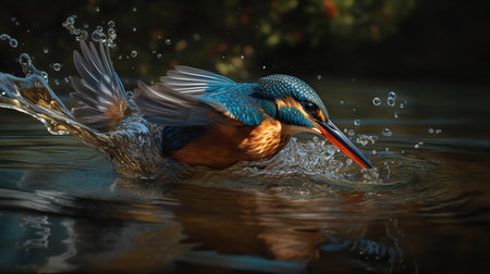 A stunning photorealistic snapshot captures the moment a kingfisher dives into a clear stream, its blue and orange plumage stands out against the sparkling water.の素材