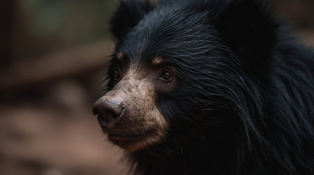 Close-up photography of a sloth bear, its expression telling a tale of survival and resilience.の素材