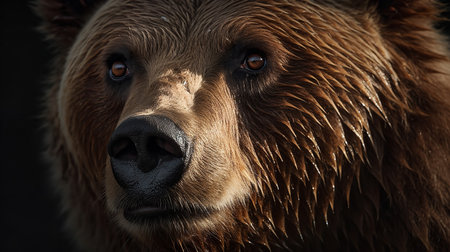 Intense close-up photography of a brown bear's stare, radiating an air of majesty and dominance.の素材