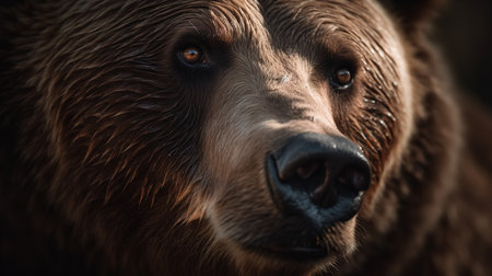 Portrait photography capturing the profound depth of a grizzly bear's gaze against a blurred wilderness backdrop.の素材