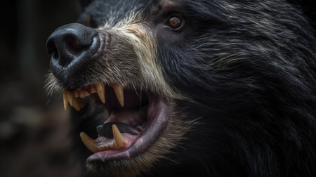 Close-up photography of a spectacled bear's powerful jaws, bringing to life the raw power of nature.の素材