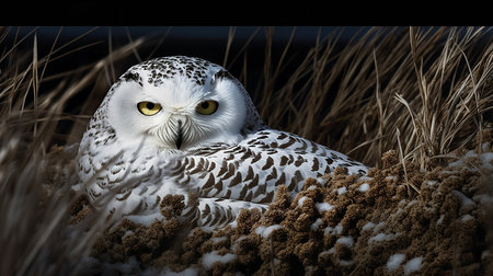 A captivating, high-resolution photograph captures a snowy owl during a stealthy pounce in the Arctic tundra, underlining its impeccable camouflage and nocturnal hunting skills.の素材