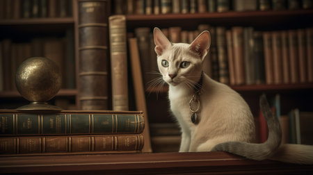 A captivating, high-resolution photograph captures a Minskin, a rare cat breed, during a curious exploration in a vintage library, emphasizing its inquisitive and playful nature.の素材