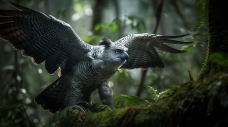 A compelling, high-resolution photograph captures a Harpy eagle during a powerful grasp in a rainforest canopy, highlighting its impressive strength and predatory prowess.の素材