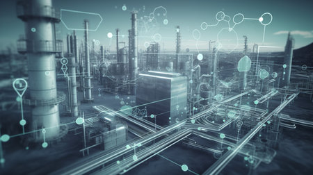 A 3D-rendered image of an industrial plant with IoT symbols superimposed, showcasing the role of the Industrial Internet of Things in driving innovation.の素材