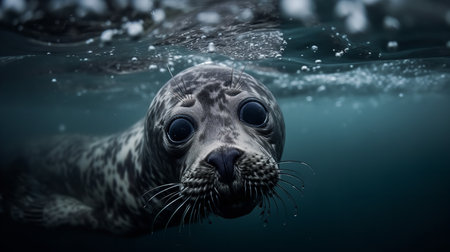 A breathtaking underwater photograph shows a newborn Seal pup's first swim in the icy waters of the Arctic Ocean, its eyes wide with wonder.の素材