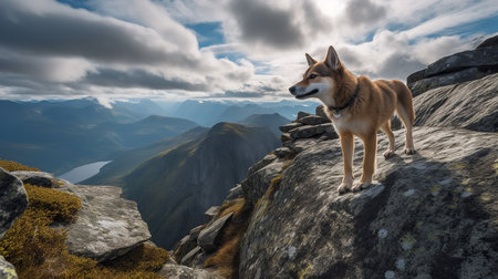 A breathtaking, wide-angle photograph showcases a Norwegian Lundehund, a rare dog breed, during an agile climb on the craggy Nordic cliffs, underlining its adaptability and agility.の素材