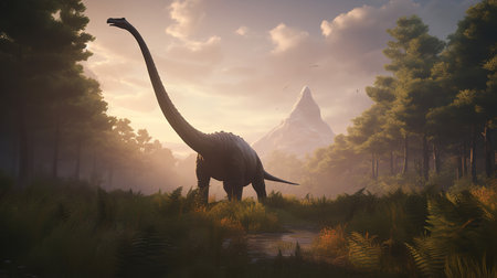 A breathtaking, high-resolution artistic representation captures a Brachiosaurus during a majestic graze, reaching the tall trees of a verdant Jurassic meadow.の素材