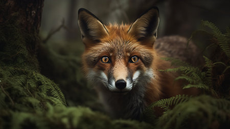 A haunting, close-up photograph portrays a Red fox with an intense gaze, captured amidst the dense undergrowth of a European forest.の素材