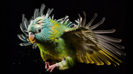 A breathtaking, high-speed photograph captures a Parakeet chick's first flight in the living room, its colorful wings spread wide in flight.の素材