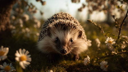 A captivating, wide-angle photograph showcases a hedgehog during a curious exploration in a blossoming garden, highlighting its explorative nature and adorable spiky appearance.の素材