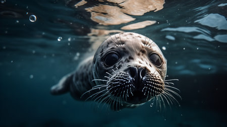 A breathtaking underwater photograph shows a newborn Seal pup's first swim in the icy waters of the Arctic Ocean, its eyes wide with wonder.の素材