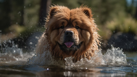 A captivating, high-resolution photograph captures a Chow Chow during a playful plunge in a sparkling lake, highlighting its lion-like mane and water-loving nature.の素材