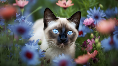A delightful, high-resolution photograph documents a Siamese kitten's first exploration of a flower-filled garden, its sapphire eyes wide with curiosity.の素材