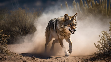 A delightful, high-speed photograph captures a Mexican wolf in a playful frolic, kicking up clouds of dust in the desert.の素材
