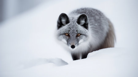A captivating, high-resolution photograph captures an Arctic fox in the midst of a silent prowl across a blanket of white snow in the winter wilderness.の素材