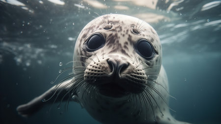 A breathtaking underwater photograph shows a newborn Seal pup's first swim in the icy waters of the Arctic Ocean, its eyes wide with wonder.の素材