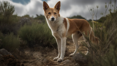 A dynamic, high-resolution photograph captures a Portuguese Podengo, a rare dog breed, during a determined hunt in the rugged wilds of the Iberian Peninsula, emphasizing its hunting instincts.の素材
