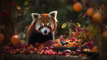 A delightful, close-up photograph depicts a baby Red Panda curiously exploring the verdant forest canopy, its fluffy tail balancing its movements.の素材