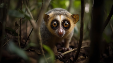 A charming, wide-angle photograph showcases a slow loris during a leisurely climb in the Indonesian jungle, emphasizing its adorable eyes and nocturnal habits.の素材