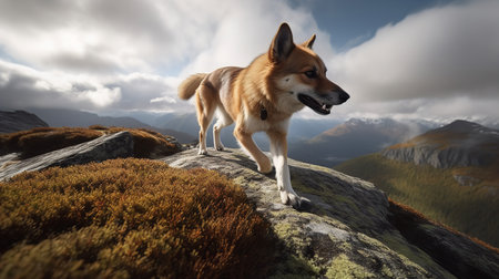 A breathtaking, wide-angle photograph showcases a Norwegian Lundehund, a rare dog breed, during an agile climb on the craggy Nordic cliffs, underlining its adaptability and agility.の素材