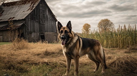 A commanding, high-resolution photograph portrays a German Shepherd on vigilant guard, standing tall amidst the rustic setting of a farm.の素材