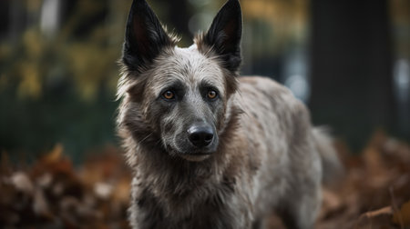A compelling, high-resolution photograph captures a Belgian Laekenois, a rare dog breed, during focused training in a bustling urban park, showcasing its intelligence and trainability.の素材