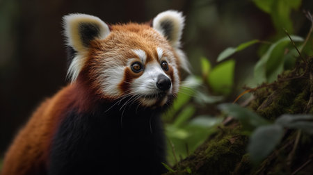 A charming, high-resolution photograph captures a red panda during a delightful feast in the forest canopy, highlighting its adorable nature and love for bamboo.の素材