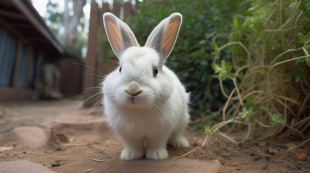 A charming, panoramic photograph shows a fluffy bunny's first venture into the backyard, its long ears twitching with curiosity.の素材