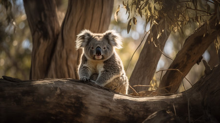 A captivating photograph focuses on a solitary koala perched majestically in a gnarled gum tree, its fur glistening under the soft, dappled sunlight filtering through the leaves.の素材