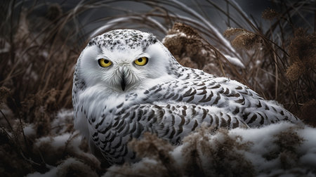 A captivating, high-resolution photograph captures a snowy owl during a stealthy pounce in the Arctic tundra, underlining its impeccable camouflage and nocturnal hunting skills.の素材