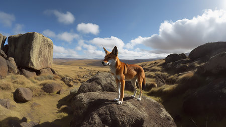 A compelling, wide-angle photograph showcases an Ethiopian wolf during a vigilant hunt amidst the rocky terrain of the Bale Mountains, emphasizing its rarity and unique ecosystem.の素材