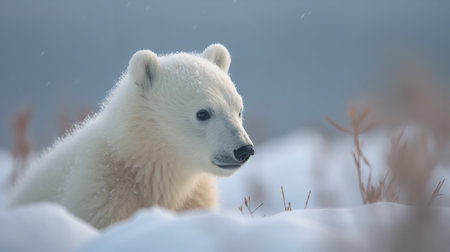 A charming, high-resolution photograph captures the enchanting moment a Polar Bear cub experiences its first encounter with snow in the arctic tundra.の素材