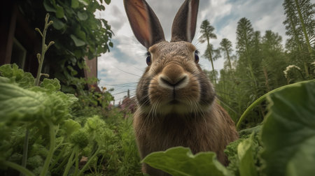 A charming, wide-angle photograph showcases a Flemish Giant rabbit during a munch in a verdant garden, emphasizing its large size and plant-based diet.の素材
