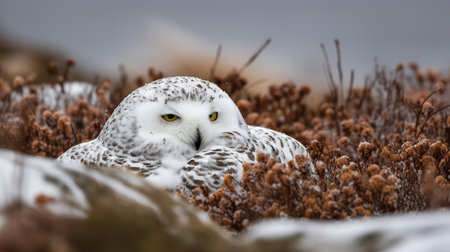 A captivating, high-resolution photograph captures a snowy owl during a stealthy pounce in the Arctic tundra, underlining its impeccable camouflage and nocturnal hunting skills.の素材