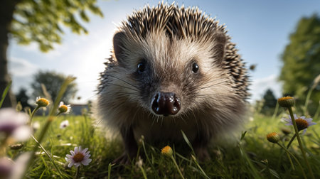A captivating, wide-angle photograph showcases a hedgehog during a curious exploration in a blossoming garden, highlighting its explorative nature and adorable spiky appearance.の素材