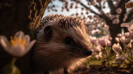 A captivating, wide-angle photograph showcases a hedgehog during a curious exploration in a blossoming garden, highlighting its explorative nature and adorable spiky appearance.の素材