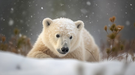 A charming, high-resolution photograph captures the enchanting moment a Polar Bear cub experiences its first encounter with snow in the arctic tundra.の素材