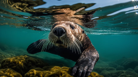 A delightful, wide-angle photograph showcases a playful sea otter during a belly-back float in the Pacific, emphasizing its cheerful and aquatic lifestyle.の素材