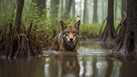 A dynamic, action-filled photograph depicts a Red wolf on patrol, wading through the murky waters of an American swamp land.の素材