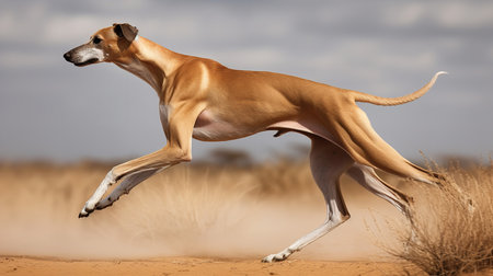 A dynamic, high-resolution photograph captures an Azawakh, a rare dog breed, in a graceful stride across the Sahelian Plains, highlighting its slender physique and speed.の素材