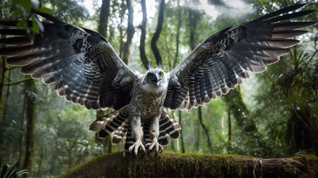 A compelling, high-resolution photograph captures a Harpy eagle during a powerful grasp in a rainforest canopy, highlighting its impressive strength and predatory prowess.の素材
