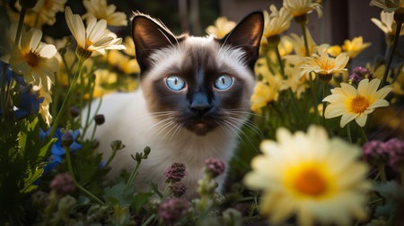 A delightful, high-resolution photograph documents a Siamese kitten's first exploration of a flower-filled garden, its sapphire eyes wide with curiosity.の素材