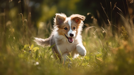 A delightful, action-filled photograph showcases a Shetland Sheepdog puppy during a day out in the park, scampering across the lush grass with joy.の素材