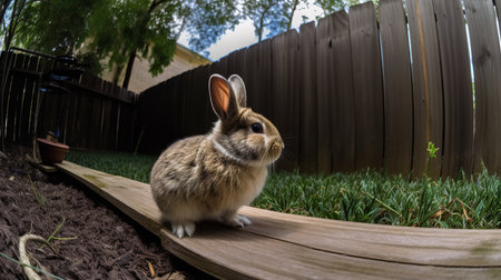 A charming, panoramic photograph shows a fluffy bunny's first venture into the backyard, its long ears twitching with curiosity.の素材
