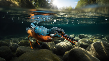 A dynamic, wide-angle photograph showcases a Kingfisher during a successful plunge in a crystal clear stream, highlighting its fishing skills and vibrant plumage.の素材