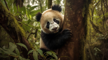 A delightful, wide-angle photograph displays a Panda cub's first climb up a towering bamboo tree in the heart of a lush forest, its claws gripping the trunk tightly.の素材