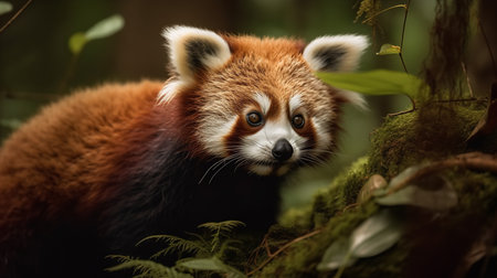 A charming, high-resolution photograph captures a red panda during a delightful feast in the forest canopy, highlighting its adorable nature and love for bamboo.の素材