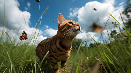 A dynamic, wide-angle photograph showcases a Bengal cat during a pursuit of a fluttering butterfly, emphasizing its striking coat and predatory instincts.の素材